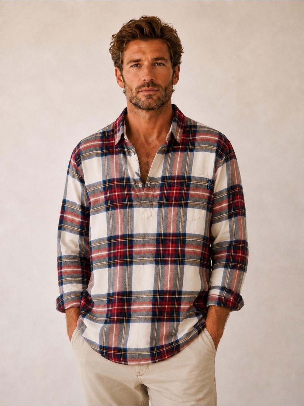 Chubbies Red/Ivory/Blue Plaid Collared Quarter Button Popover Long Sleeve Shirt